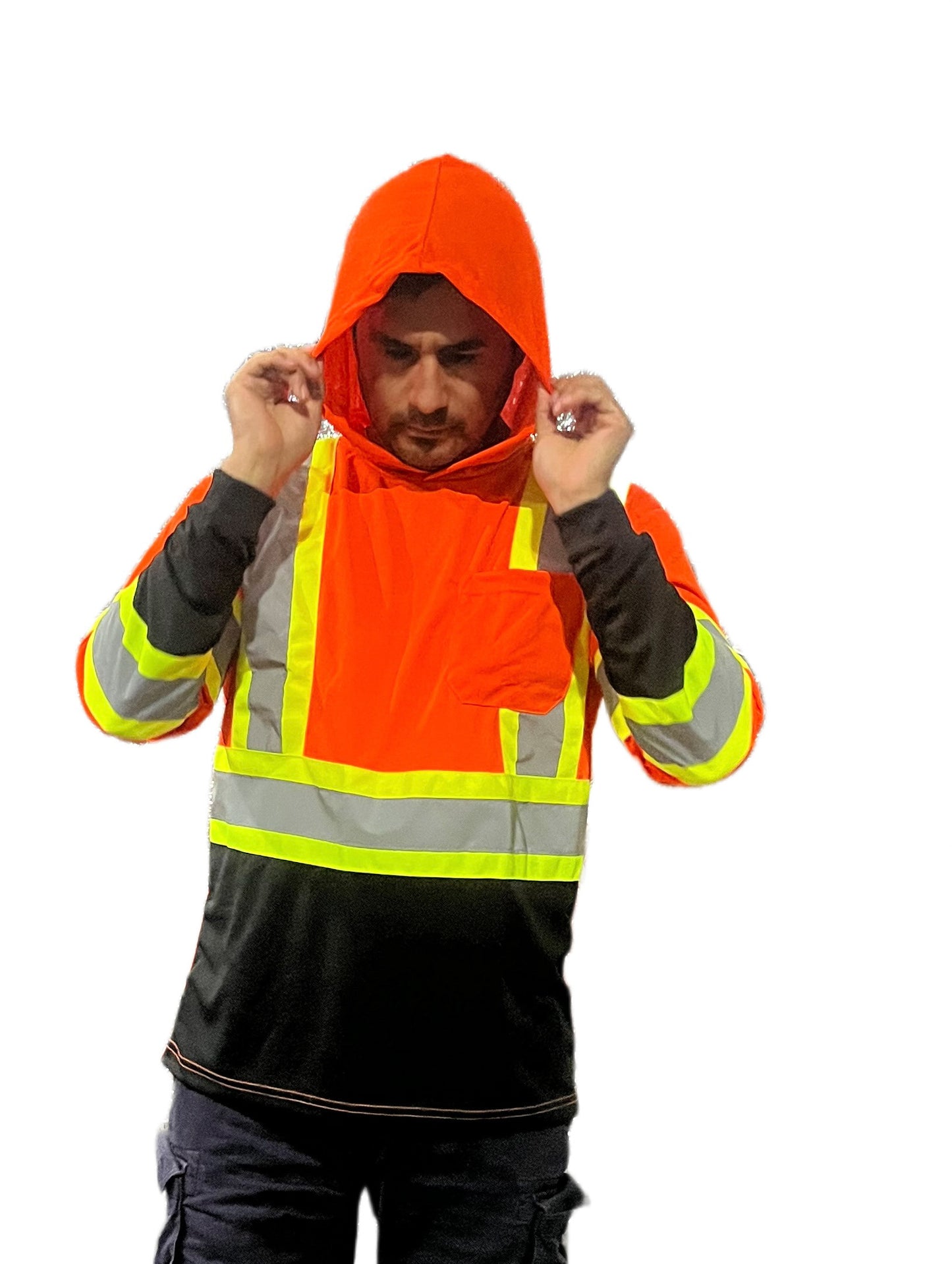 high visibility orange black reflective long sleeve with hoodie