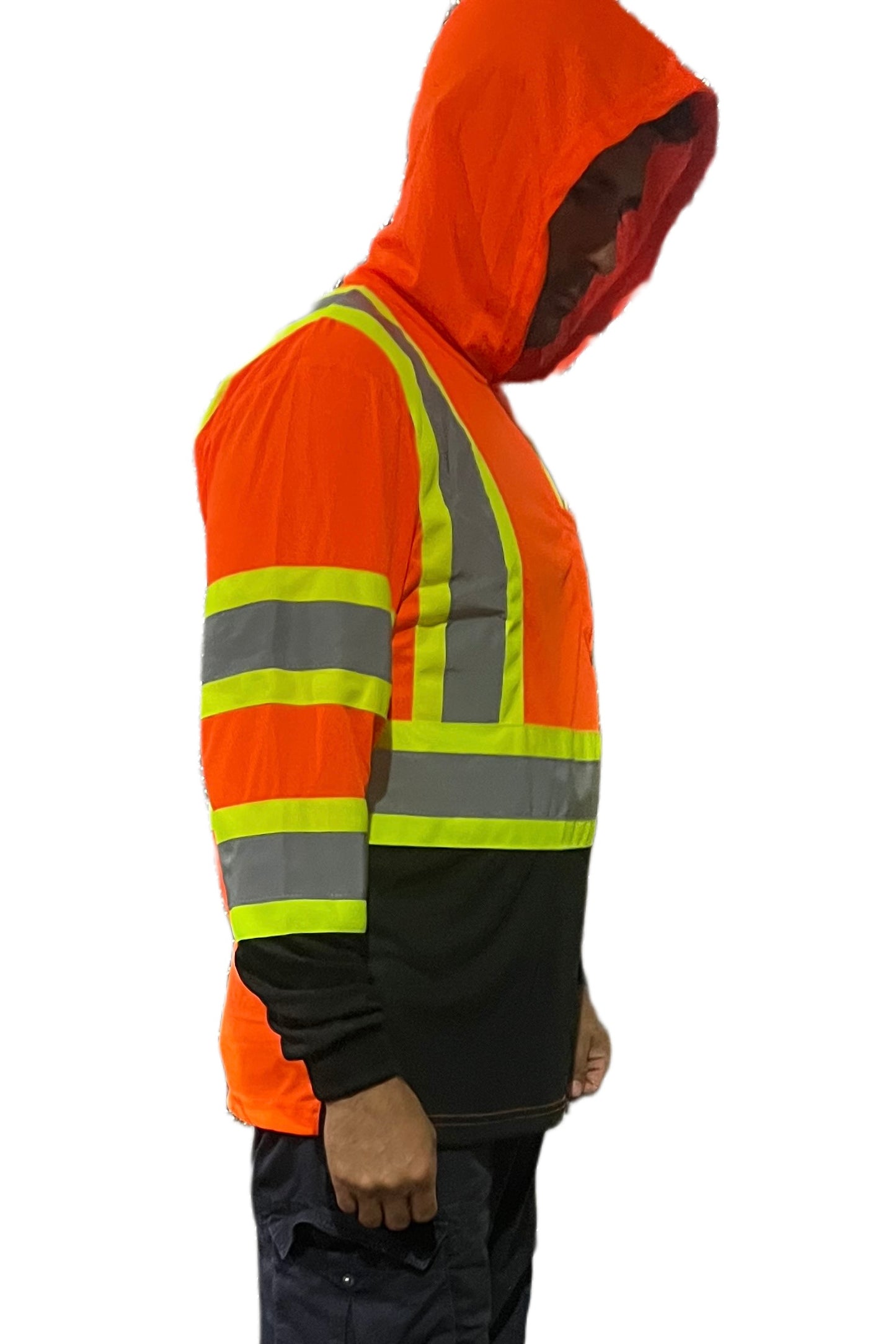 high visibility orange black reflective long sleeve with hoodie